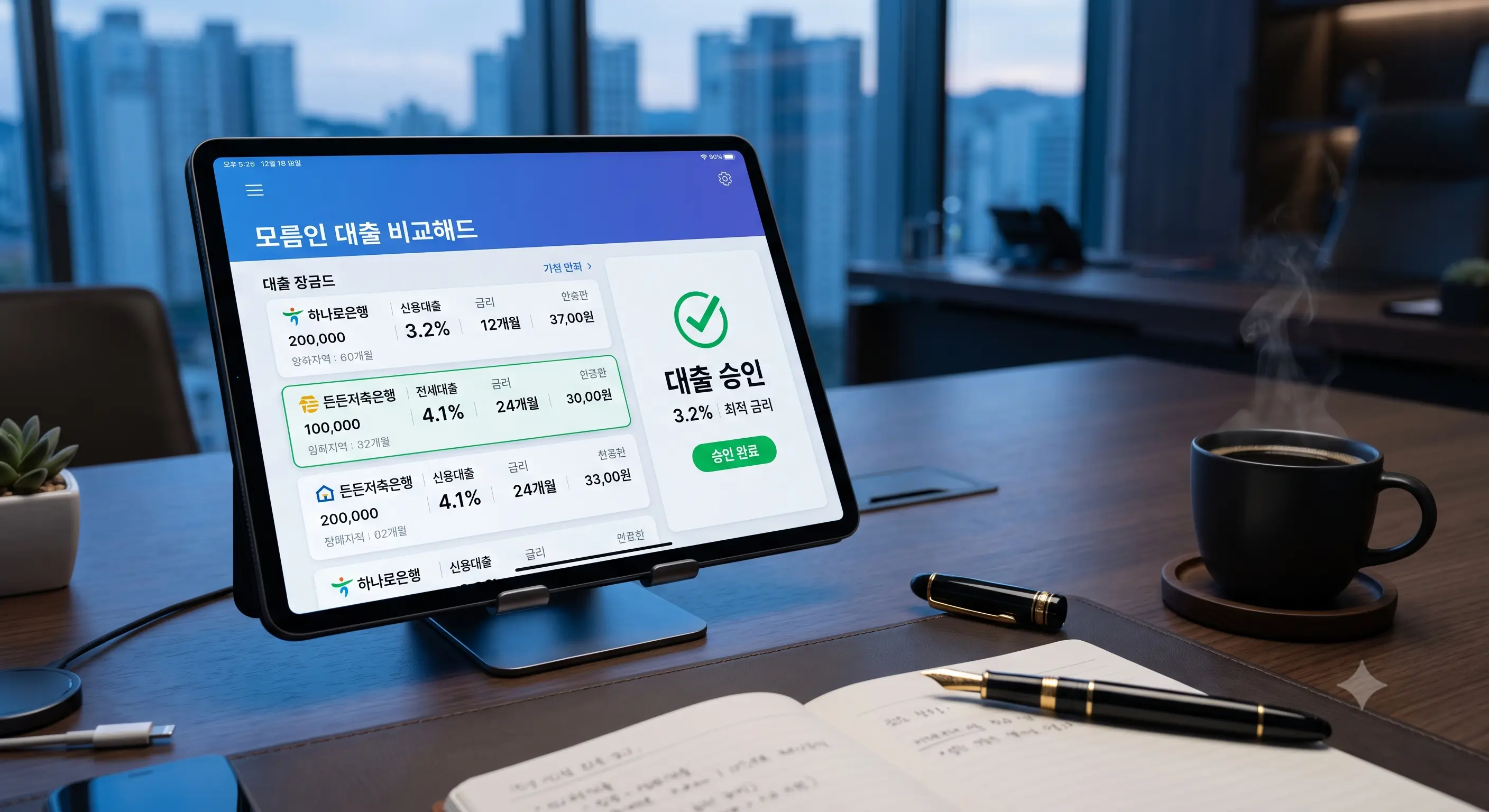 스마트폰 화면 속 대환대출 플랫폼의 금리 비교 및 갈아타기 화면