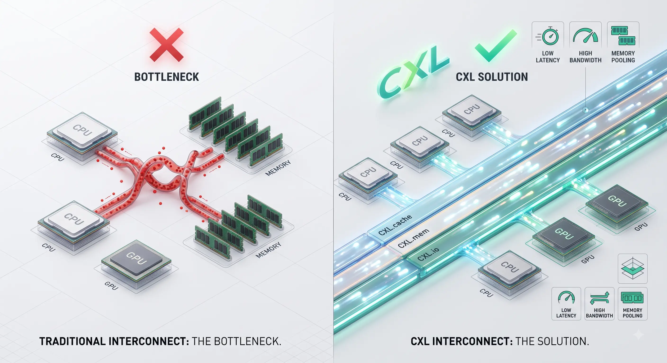 GPU와 HBM의 좁은 데이터 통로를 넓히는 CXL 연결망의 개념도